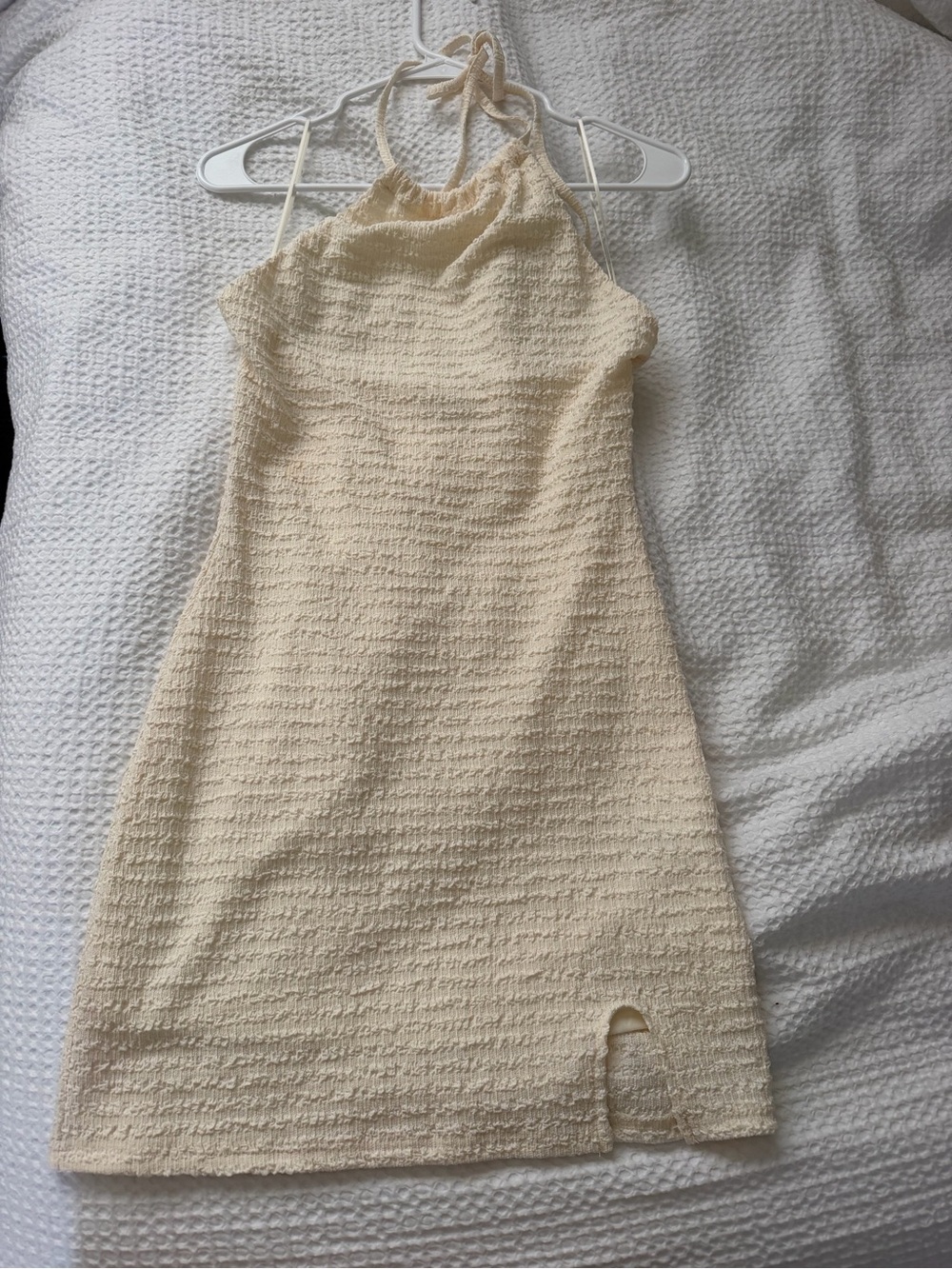 Le Lis Cream Textured Halter Mini Dress with Front Notch